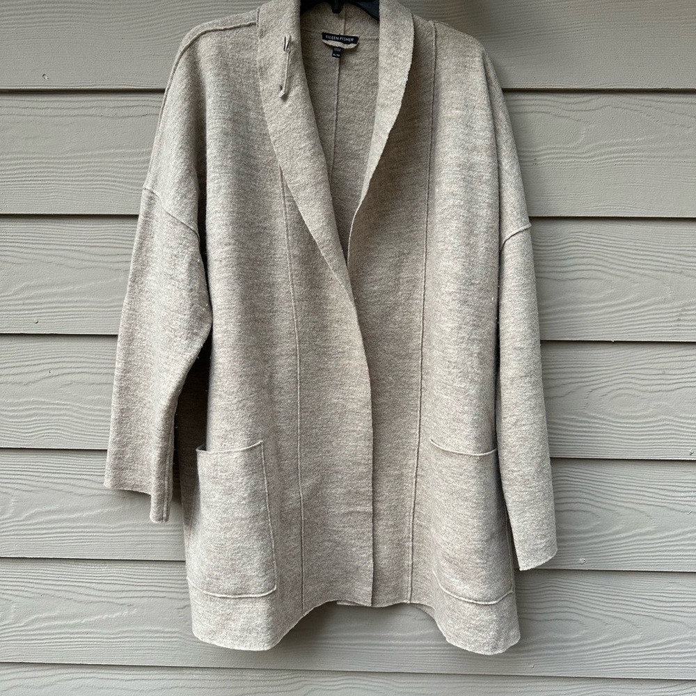 EILEEN FISHER NWT The Icons Kimono Jacket Cardigan Open Front Wool Beige Size XL - Picture 2 of 9